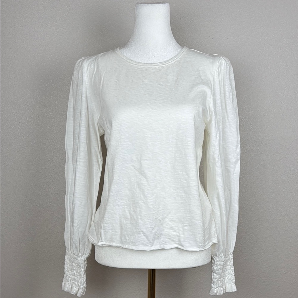 ME+EM Smocked-Cuff Balloon Sleeve Top — White Cotton, Size US 8